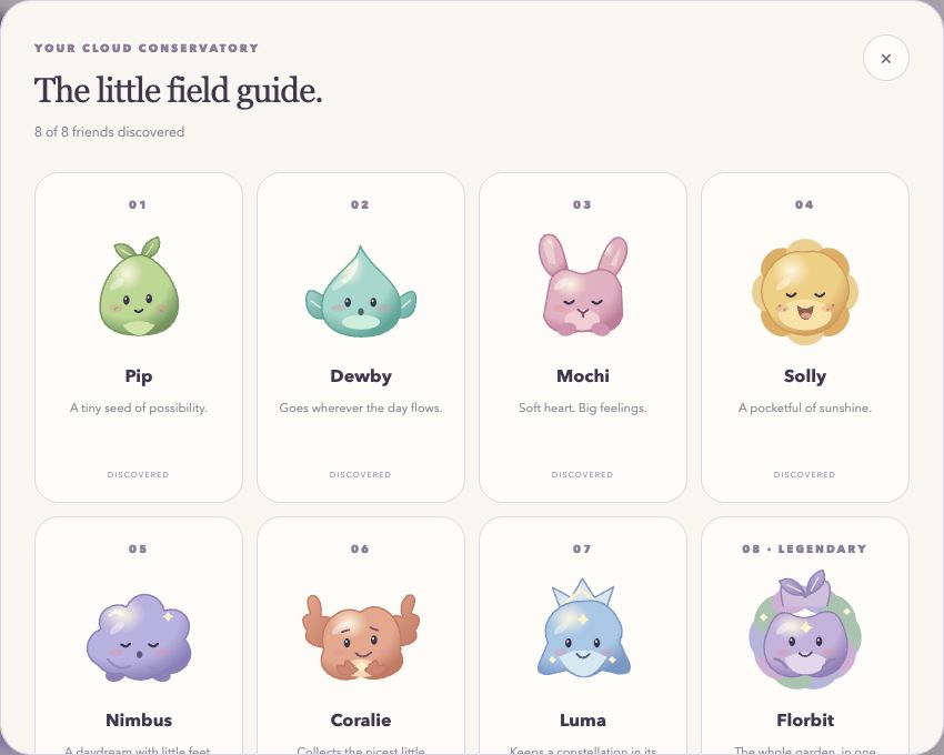 The Orbuddle field guide showing all eight discovered creatures